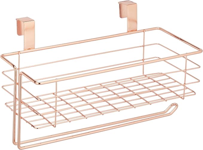Relaxdays Hanging Basket with Kitchen Roll Holder, Storage, Kitchen & Bathroom, Wire Basket H x D: 18 x 31 x 17 cm, Copper