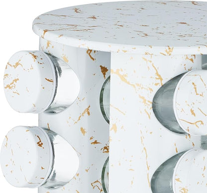 Relaxdays, White Spice Carousel, 20 Spice Jars, Shaker Insert, 360° Rotatable, Spice Bar, H x D 33.5 x 19 cm, Marble Look, Glass