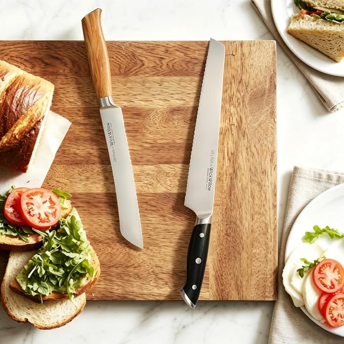 WICKWILLOW 10-Inch Serrated Bread Knife - German X50CrMoV15 Steel, Full Tang, Razor-Sharp Wavy Edge for Sourdough, Artisan Bread, Bagels, Cakes & Sandwich Loaves - Gift Boxed for Home Bakers