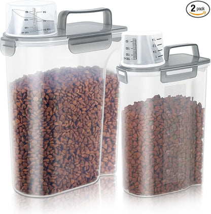 LEAWALK (3+5LBS 2Pack Cat Dog Food Storage Container Upgraded Large Nozzle BPA-free, Plastic Pet Food Containers, With 4 Sealed Clasps/1 Measuring Cup/Handle Easy Clean and Carry (Clear Grey)