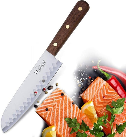 Premium High Carbon Stainless Steel 7-Inch Pro Santoku Chef’s Knife with Sharp Razor Edge with Walnut Wood Handle