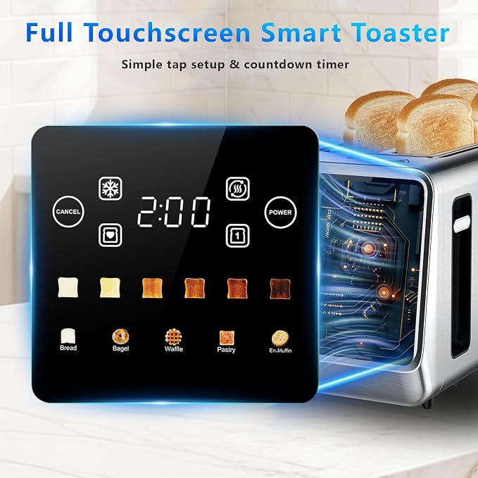 SAKAMOSH Touch Screen Toaster 4 Slice, Smart Digital Toasters with LED Display & Timer, Extra Long Wide Slots for Bagels, 6 Browning Levels & 5 Bread Types, Memory Function, 1400W, Stainless Steel