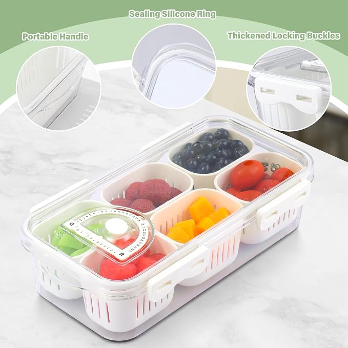 Divided Serving Tray with Lid - 2 Pack Fresh Keeper Fruit Storage Containers for Fridge Stackable Vegetable Saver for Refrigerator Airtight Snack Organizer Containers 6 Boxes