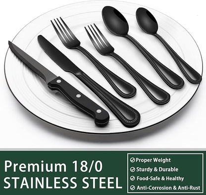 EWFEN 24-Piece Black Silverware Set with Steak Knives, Black Flatware Set for 4, Food-Grade Stainless Steel Tableware Cutlery Set, Mirror Finished Utensil Sets for Home Restaurant, Pearled Edge