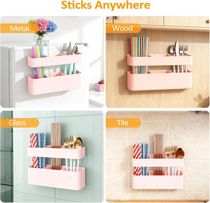 MoodLife 2-Pack Silicone Straw Holder for Cabinet Door,Reusable Adhesive Container for Kitchen Storage Solutions, Cupboard Organizer and Space Saving Hacks (Pink)