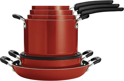 Tramontina Aluminum Non Stick 11-Piece Nesting Pots and Pans Set with Lids - Red, Kitchen Nonstick Cookware Set, Dishwasher and Oven Safe