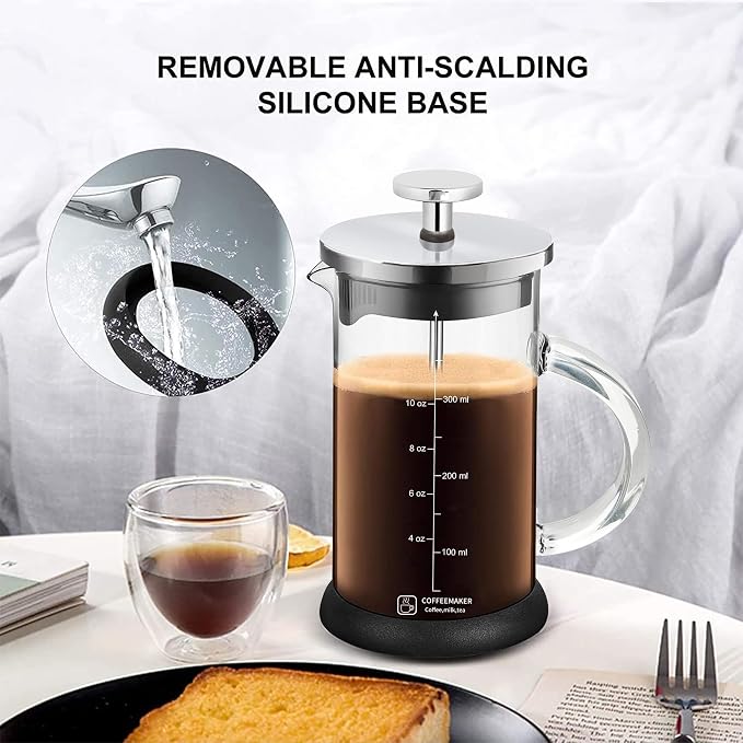 French Press Coffee Maker 12 Ounce Espresso Tea Coffee Maker with 4 Filters System, Stainless Steel Plunger and Heat Resistant Borosilicate Glass BPA-Free Brewed Tea Pot Coffee Plunger(Silvery 12oz)