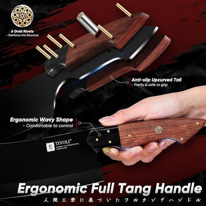 TIVOLI Kitchen Knife Set 5pcs - Chef Knife Set with Full Tang Wooden Handle - Cleaver, Boning, Fillet, Santoku, Kitchen Utility Knives - Cooking Gifts for Men and Women
