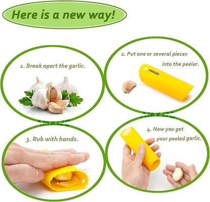 Garlic Press Rocker & Silicone Peeler, Stainless Steel Garlic Mincer, Herb Stripper & Leaf Zipper