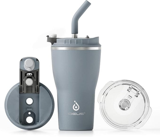 IDEUS Insulated Tumbler with Lid and Straw 14 oz, Stainless Steel Double-Wall Vacuum Leak-Proof Travel Coffee Mug, Cup Holder Friendly, Ultimate Gray