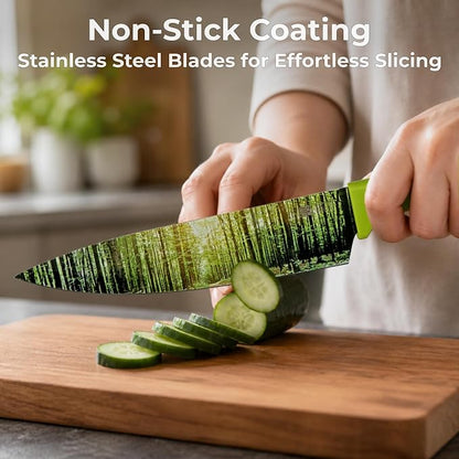 CHEF'S VISION Landscape Kitchen Knife Set – 6-Piece Stainless Steel Knives with Non-Stick Coating, Dishwasher Safe, Nature Design, Unique Gift for Nature Lovers
