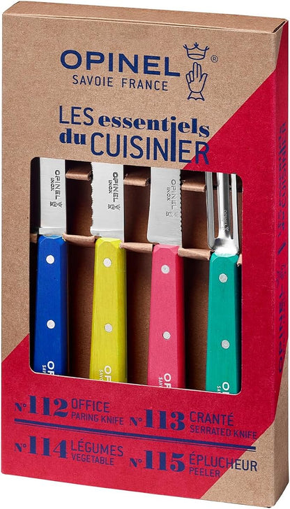OPINEL Les Essentials - Small Kitchen 4 Piece Knife Set - Paring, Serrated, Peeler, Vegetable Knife, Corrosion Resistant High Carbon Steel, Made in France (POP 80)