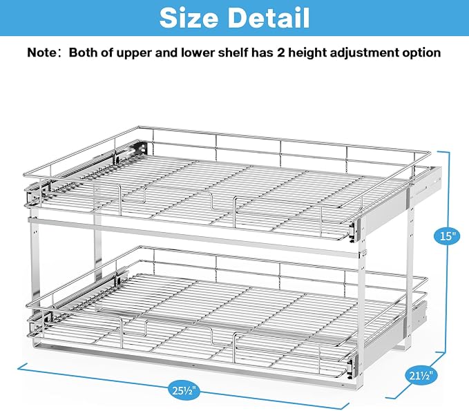 LOVMOR Individual Pull Out Cabinet Organizer, 2 Tier Slide Out Cabinet Drawers, Pots and Pans Organizer and Storage Pantry Shelf for Kitchen (25½" W x 21½" D)