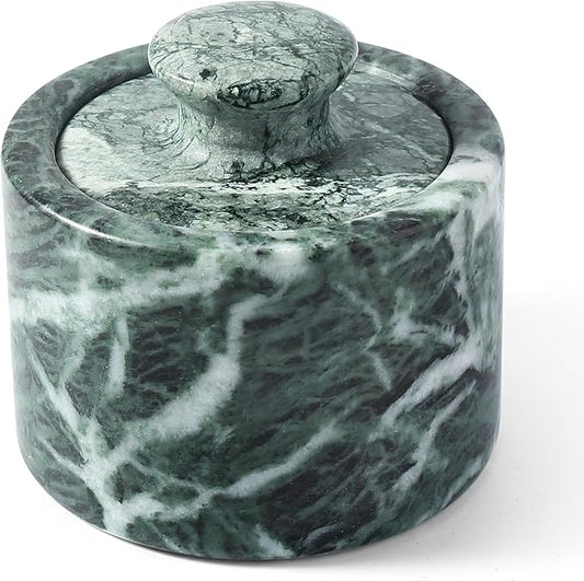 Koville Green Marble Salt Cellar with Lid 3.5", Stone Pepper Container & Spice Jars for Kitchen, Marble Salt and Pepper Holder, Stone Storage Box for Kitchen Counter, Spice Jar (Verde Alpi Green)