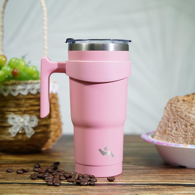 Konokyo 40 oz Tumbler with Handle and 2 Straw 2 Lid, Insulated Water Bottle Stainless Steel Vacuum Cup Reusable Travel Mug, Light Pink