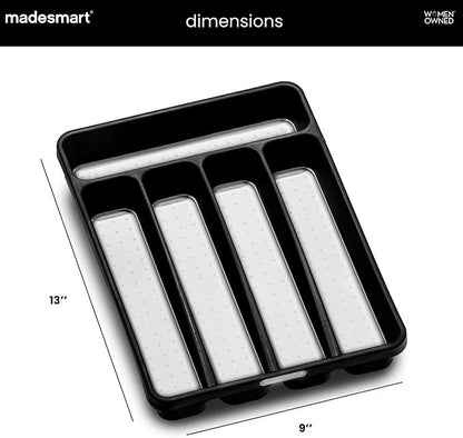 madesmart Classic Compact Silverware Tray with Soft Grip Lining, Carbon | Nonslip feet, 5 compartments, small drawer fit, forks, knives, spoons, cutlery, flatware