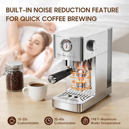 Espresso Machine, 20 Bar Visible High Pressure Gauge, 47 OZ Water Tank with Milk Frorther Silver, Automatic Stainless Steel Espresso Maker, Gift for Coffee Machine Enthusiasts