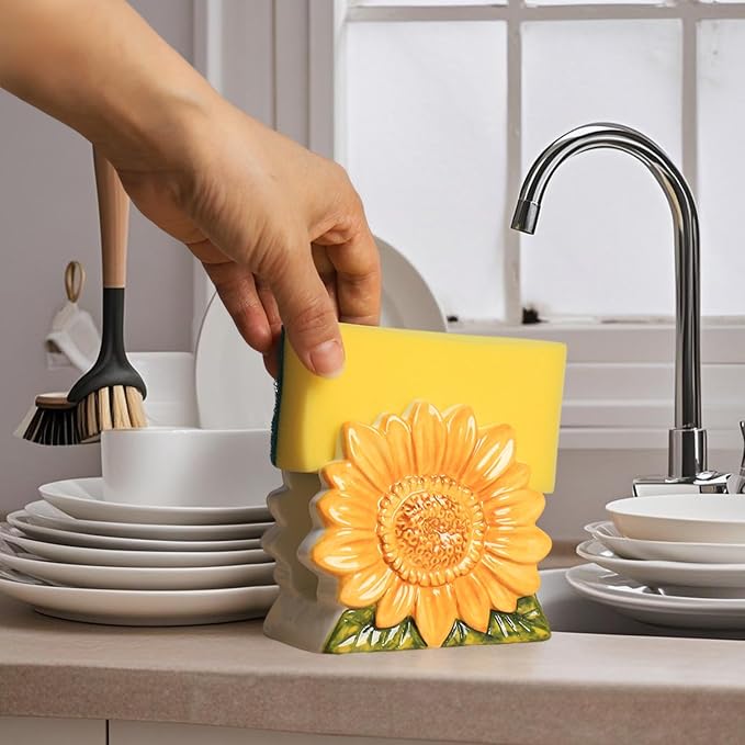 Ceramic Sunflower Sponge Holder for Kitchen Sink, Compact Sink Caddy Organizer, Flower Scouring Pad and Dish Sponge Holder