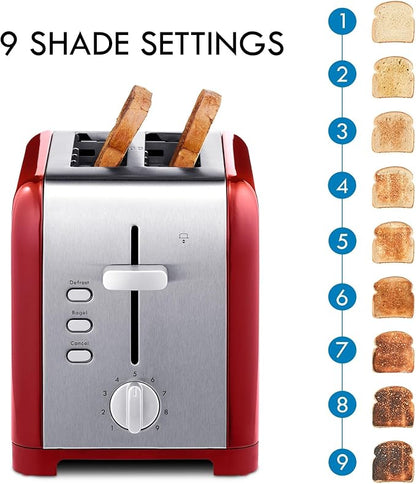 Koolatron Kenmore 2-Slice Toaster, Stainless Steel, Red and Silver, with Extra Wide Slots, Self-Adjusting Bread Guides, Defrost, Bagel and Removable Crumb Tray, Small (KKTS2SR AZ)