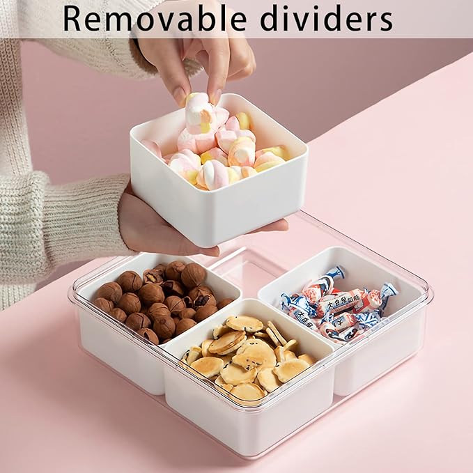 Divided Serving Tray with Lid for Veggie Charcuterie Container Portion Control Salad Keeper with 4 Removable Boxes Stackable Refrigerator Organizer Bins Food Storage Organizer Produce Saver