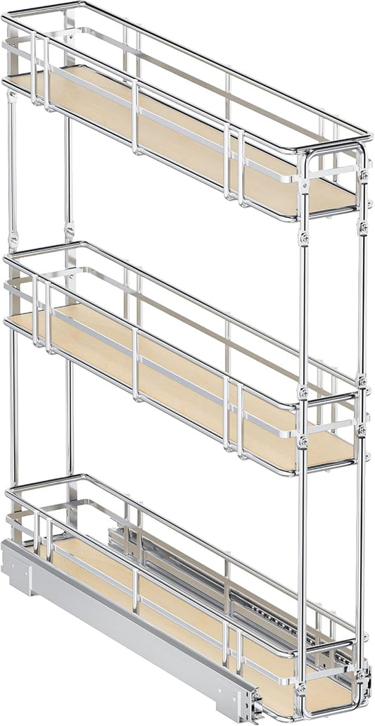 5" W x 20.5" D 3-Tier Pull Out Spice Rack Organizer, Solid Wood Base Slide Out Cabinet Shelf for Narrow Kitchen Cabinets, Chrome Pantry Storage