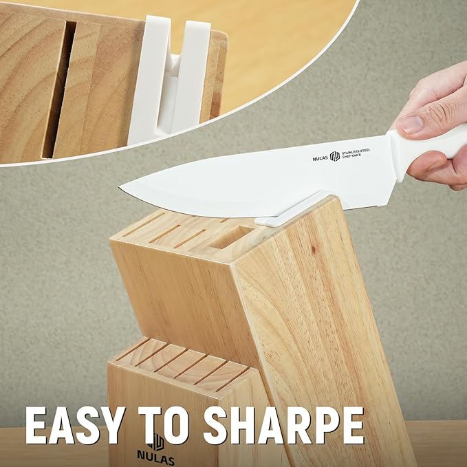 15-Piece Kitchen Knife Block Set with Built-in Sharpener, Upgraded Non-Stick Coating Blades, Ergonomic Handles, Dishwasher Safe, Cream