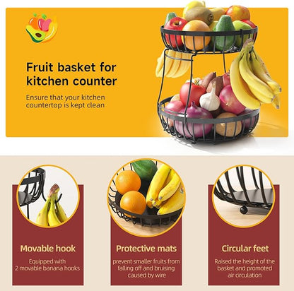 Sevenblue 2 Tier Fruit Basket for Kitchen Counter with 2 Banana Hangers, 2026 Pro Detachable Metal Fruit Bowl with Wooden Handle,Fruit Holder for Bread Snack Veggies, Black Extra Large