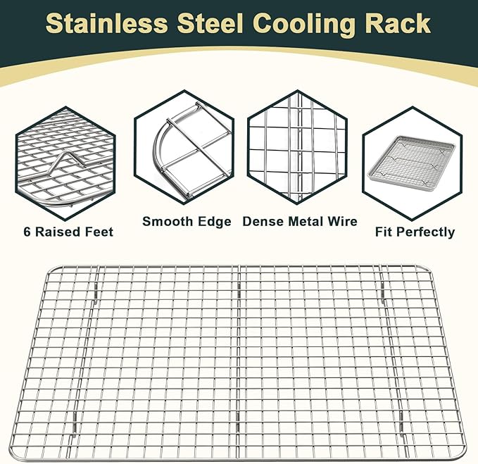 Wildone Baking Sheet with Rack Set (2 Pans + 2 Racks), Half Sheet Size | Natural Aluminum Commercial Quality Cookie Sheet with Cooling Rack, Nonstick Baking Pan, Warp Resistant & Heavy Duty