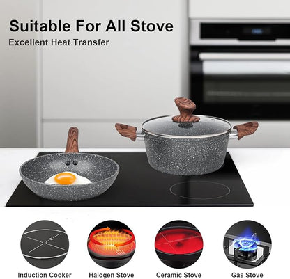 M MELENTA Granite Pots and Pans Set Non Stick, 11 Piece Die-Cast Induction Cookware Set, Nonstick Kitchen Cooking Set w/Frying Pans & Saucepans, PFOA Free