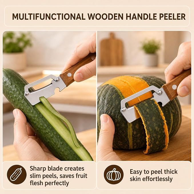 2-in-1 Multifunctional Vegetable Peeler with Wooden Handle, Zero Snag Ergonomic Kitchen Peeling Tool for Potatoes, Apple, Fruits, Double-Ended Skin Remover & Bottle Opener Utensil, 2 PCS