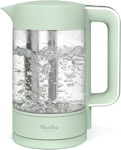 Martha Stewart Electric Kettle with Removable Stainless Steel Tea Infuser, Glass Carafe 1.7L (7 Cups), Hot Water Boiler, 4 Presets, Keep Warm & Auto Shut-Off, Cordless 360° Swivel Base, Honeydew Green