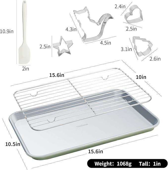 7PCS Ceramic-Coated Baking Sheet Set - 10x15in Jelly Roll Pan Non-Stick Cookie Sheet with Wire Rack, Silicone Spatula & 4 Cookie Cutters, PFAS Free, Oven Safe (550°F), Pistachio Green