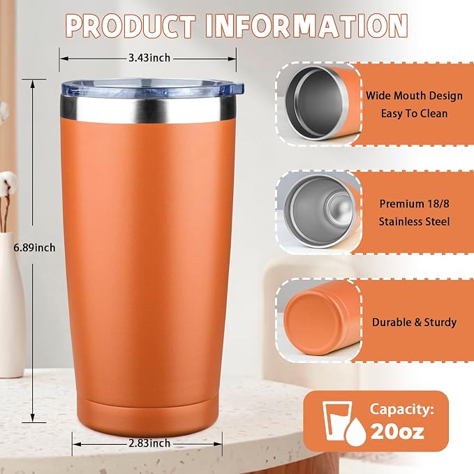 20 oz Tumbler with Lids and Straws, Stainless Steel Insulated Coffee Tumbler, Double Wall Vacuum Insulated Travel Mug Cup, Leakproof Thermal Coffee Cup for Hot and Cold Drinks (Orange)