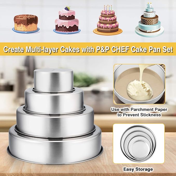 P&P CHEF Cake Pans Sets for Baking, 4" + 6" + 8" + 9.5" 4 Piece Stainless Steel Round Cake Pans Tin, Oven/Pot/Dishwasher Safe, Combination of Different Sizes, Leak-proof & Easy Clean