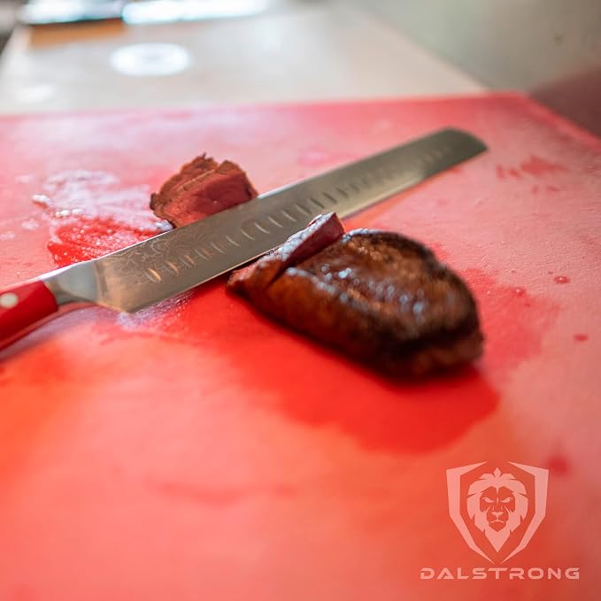 Dalstrong Slicing Carving Knife - 12 inch Granton Edge - Shogun Series - Damascus - Japanese AUS-10V Super Steel Kitchen Knife - Vacuum Treated - Crimson Red ABS Handle - Razor Sharp Knife - w/Sheath