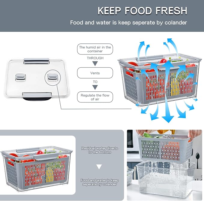 Fistone Fresh Produce Fruit Vegetable Storage Containers 3Piece Set, BPA-Free Fridge Storage Container with Lid & Colander, Fridge Organizers, Keep Fresh for Produce,Fruit and Vegetable