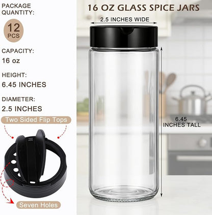 12 Pack 16 oz Glass Spice Jars with Shaker Tops Lids Large Spice Bottle with Lids for Kitchen, Herbs, Sugar, Pantry Herb Salt Pepper Storage (Round)