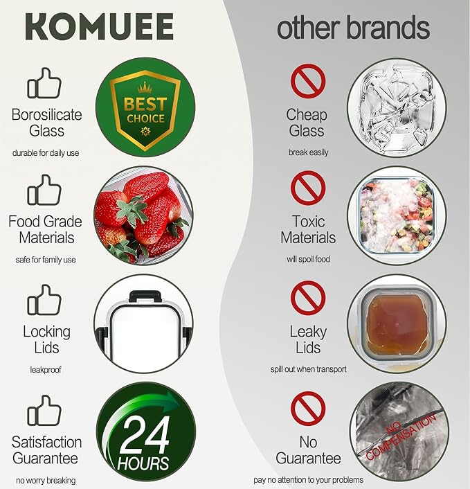 KOMUEE 30 Pieces Glass Food Storage Containers Set and 10 Packs 30 oz Glass Meal Prep Containers with Lids, Airtight and BPA-Free