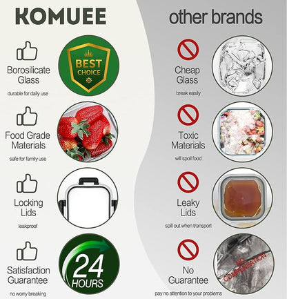 KOMUEE 10 Packs 30 oz Glass Meal Prep Continers Set with 1 & 2 Compartments, Glass Food Storage Containers with Lids, Freezer, Oven and Microwave Friendly