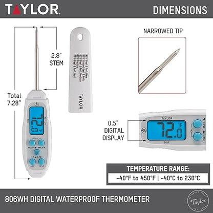 Taylor Digital Waterproof Meat Thermometer for Kitchen, Grill & BBQ, Blue Backlit Display, Narrow Step-Down Probe, Hold Function, NSF Certified, White