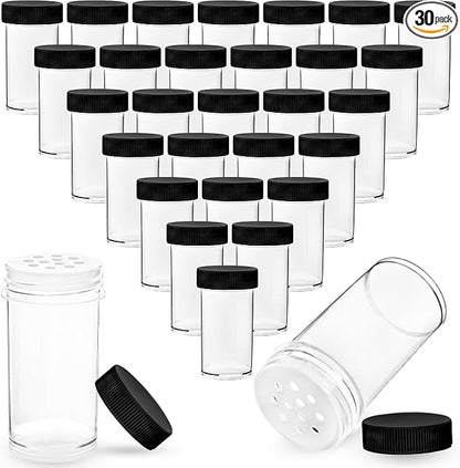 30 Pack 1 oz Mini Plastic Spice Jars with White Caps Clear Empty Spice Bottles with Sifters Small Seasoning Containers for Travel Storing Spice Seasoning Powders (Black)
