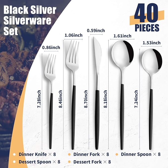 40 Piece Black Silver Silverware Set,Stainless Steel Flatware Cutlery Set Service for 8 Including Forks Spoons Knives,Utensil Set,Tableware for Home and Restaurant, Dishwasher Safe