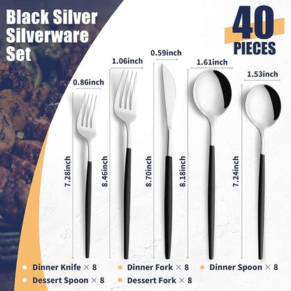 40 Piece Black Silver Silverware Set,Stainless Steel Flatware Cutlery Set Service for 8 Including Forks Spoons Knives,Utensil Set,Tableware for Home and Restaurant, Dishwasher Safe