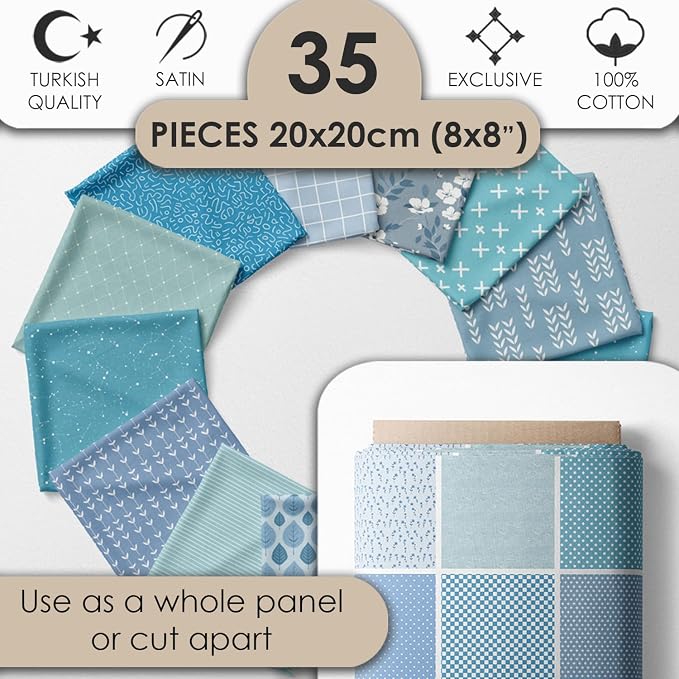 Cotton Satin Patchwork Fabric Panel – 35 Designs, 20×20 cm Squares, Single Piece 150×110 cm, Blue Patchwork Quilt Fabric(Ocean Breeze Patchwork Set, 35pcs 8x8 inch)