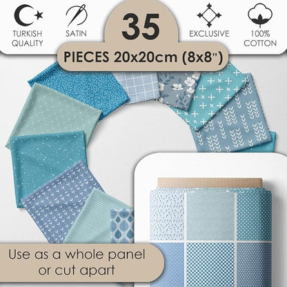 Cotton Satin Patchwork Fabric Panel – 35 Designs, 20×20 cm Squares, Single Piece 150×110 cm, Blue Patchwork Quilt Fabric(Ocean Breeze Patchwork Set, 35pcs 8x8 inch)