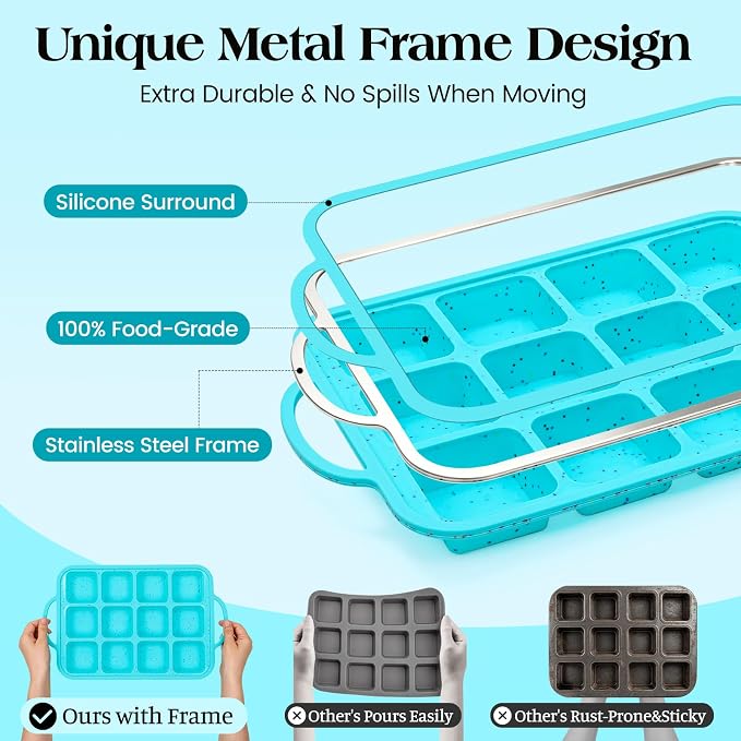 Vinino Silicone Brownie Pan with Dividers, 1 Pack Mini Loaf Pan for Baking Individual, Nonstick 12 Cups Square Muffin Cupcake Pans with Metal Reinforced Frame-Aqua Blue