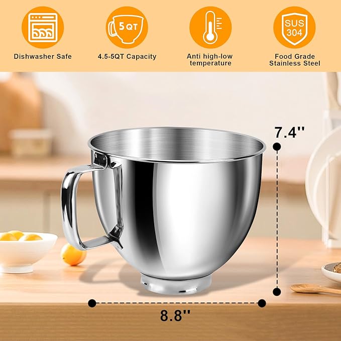 5 Quart Mixing Bowl for KitchenAid Stand Mixers, Food-Grade Stainless Steel Bowl with Handle & Clasp, Compatible with Tilt-Head 4.5–5 Qt Models – Fits K45, K45SS, KSM75, KSM150, KSM95 (Silver, 5QT)