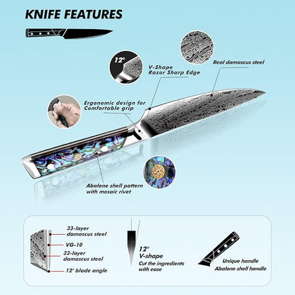 Fanteck Damascus 5 inch Chef Knife Utility Knife,Japanese VG10 Steel Kitchen Petty Knife,Professional Paring Knives High Carbon Super Sharp, 67-Layer with Full Tang Abalone Shell Handle & Wooden Cover
