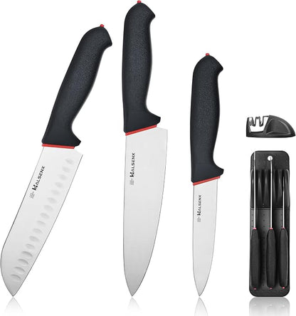 5-Piece Professional Kitchen Knife Set - 8" Chef, 7" Santoku, 5.5" Utility Knives, In-Drawer Knife Storage & Sharpener - Non-Slip Softgrip Handle for Home Kitchen