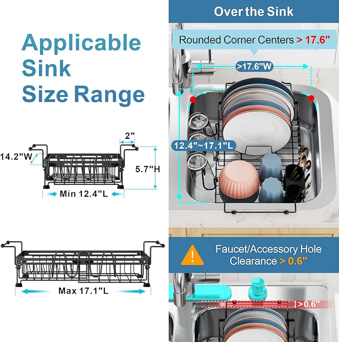 iSPECLE Expandable in Sink Dish Drying Rack with Cup Holder - Rust Resistant Adjustable Over the Sink Dish Drainer with Tightening Knob, Arms with Non Slip Rubber, Fits Sink 12.4"-17.1", Black